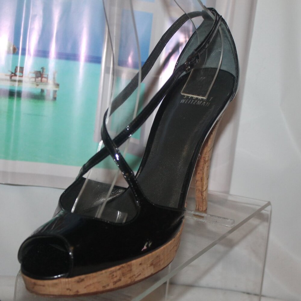 $385 Stuart Weitzman Exsling Patent Leather Strappy Cork Heels Sandals Real Real - Picture 2 of 7